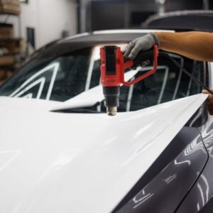Worker applying a car wrap using a heat gun for precise adhesion.